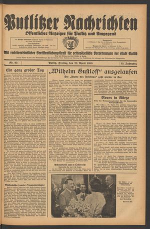 Putlitzer Nachrichten vom 22.04.1938