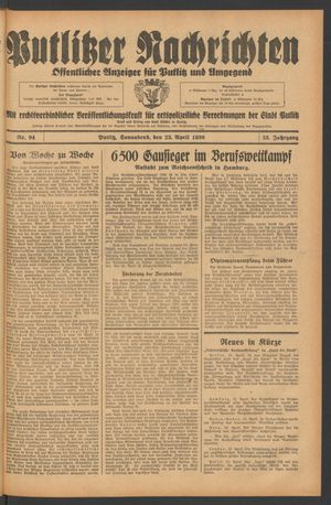 Putlitzer Nachrichten vom 23.04.1938