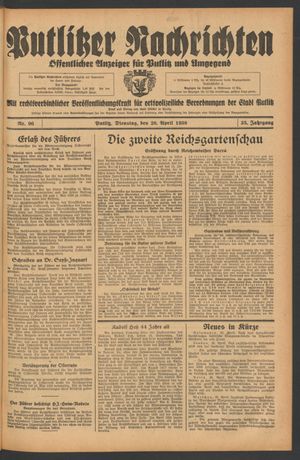 Putlitzer Nachrichten vom 26.04.1938