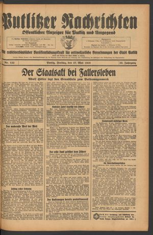Putlitzer Nachrichten vom 27.05.1938