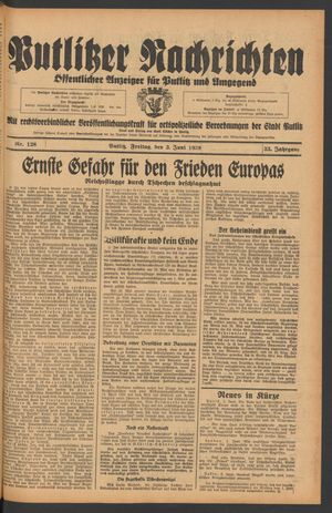 Putlitzer Nachrichten vom 03.06.1938
