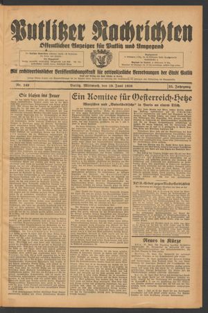 Putlitzer Nachrichten vom 29.06.1938