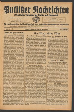 Putlitzer Nachrichten vom 30.06.1938