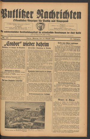 Putlitzer Nachrichten vom 15.08.1938
