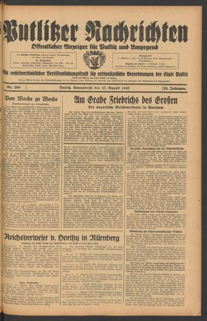 Putlitzer Nachrichten vom 27.08.1938