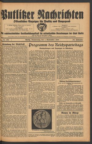 Putlitzer Nachrichten vom 01.09.1938