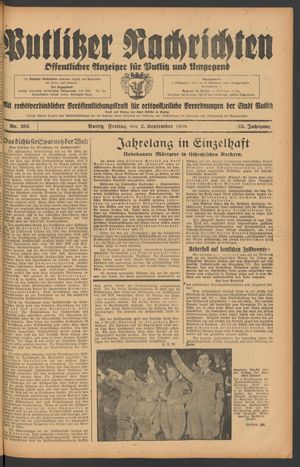 Putlitzer Nachrichten vom 02.09.1938