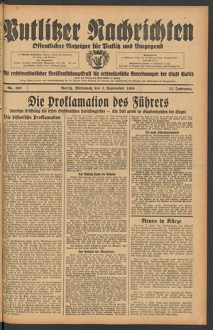 Putlitzer Nachrichten vom 07.09.1938