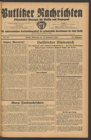 Putlitzer Nachrichten vom 14.09.1938