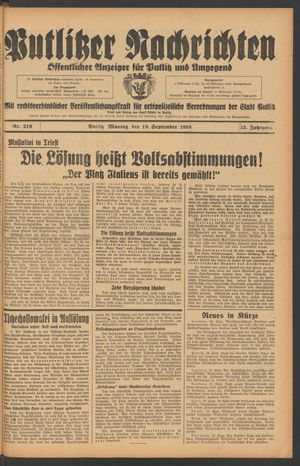 Putlitzer Nachrichten vom 19.09.1938