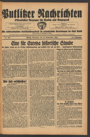 Putlitzer Nachrichten vom 27.09.1938
