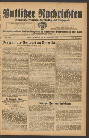 Putlitzer Nachrichten vom 28.09.1938
