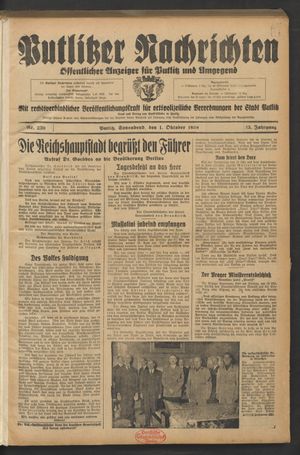 Putlitzer Nachrichten vom 01.10.1938