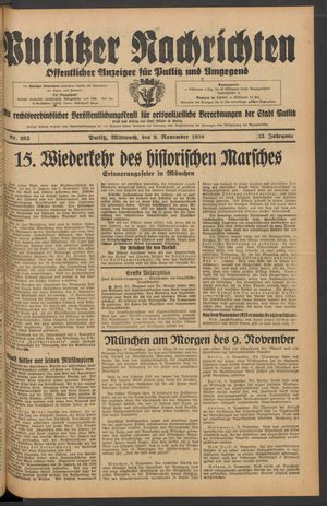 Putlitzer Nachrichten vom 09.11.1938