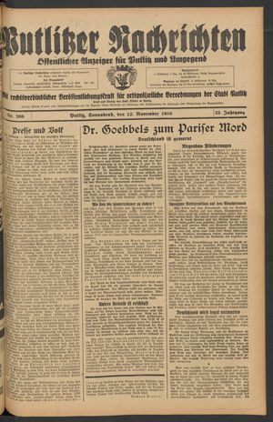 Putlitzer Nachrichten vom 12.11.1938