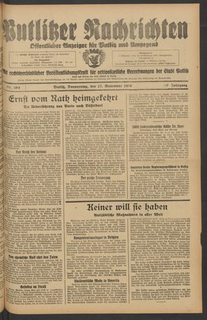 Putlitzer Nachrichten vom 17.11.1938