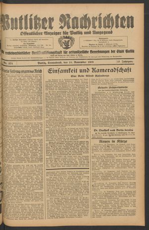 Putlitzer Nachrichten vom 19.11.1938