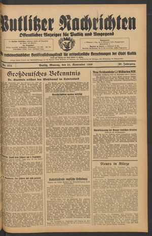 Putlitzer Nachrichten vom 21.11.1938