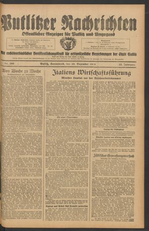 Putlitzer Nachrichten vom 10.12.1938