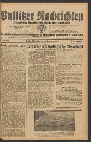 Putlitzer Nachrichten vom 14.12.1938