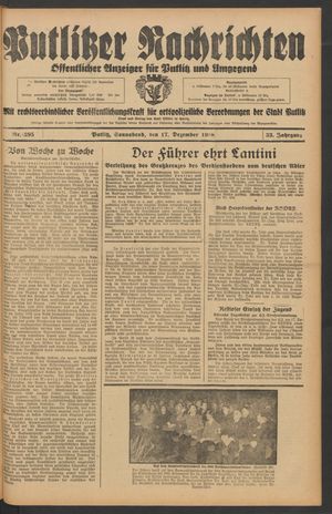 Putlitzer Nachrichten vom 17.12.1938