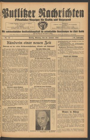 Putlitzer Nachrichten vom 23.01.1939