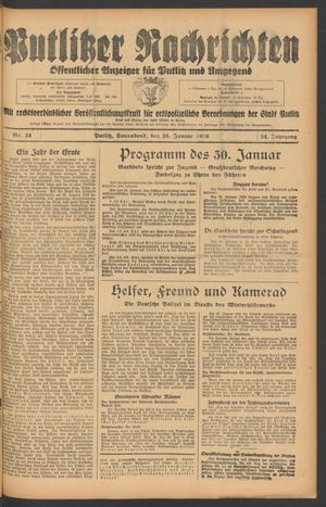 Putlitzer Nachrichten vom 28.01.1939