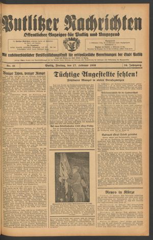 Putlitzer Nachrichten vom 17.02.1939