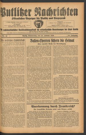 Putlitzer Nachrichten vom 23.02.1939