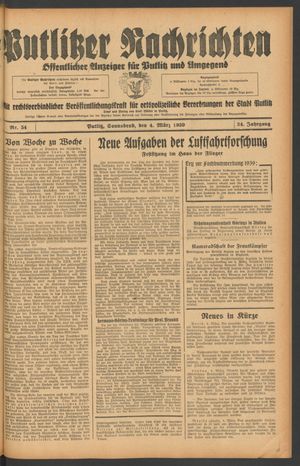 Putlitzer Nachrichten vom 04.03.1939