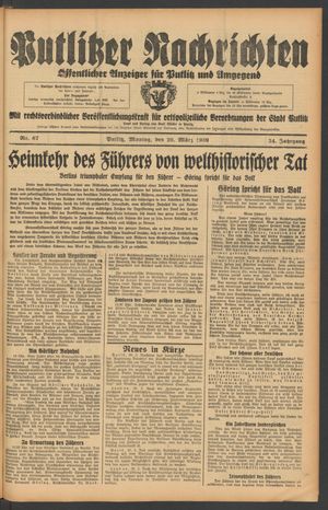 Putlitzer Nachrichten vom 20.03.1939
