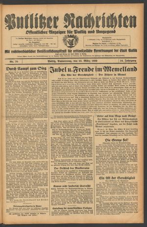Putlitzer Nachrichten vom 23.03.1939