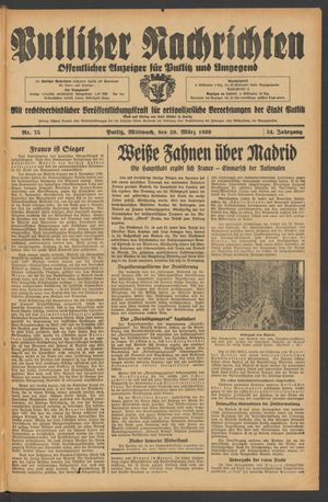 Putlitzer Nachrichten vom 29.03.1939