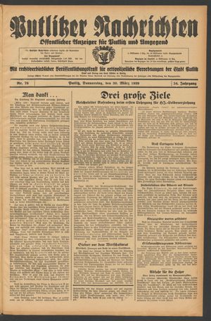 Putlitzer Nachrichten vom 30.03.1939