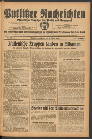 Putlitzer Nachrichten vom 08.04.1939