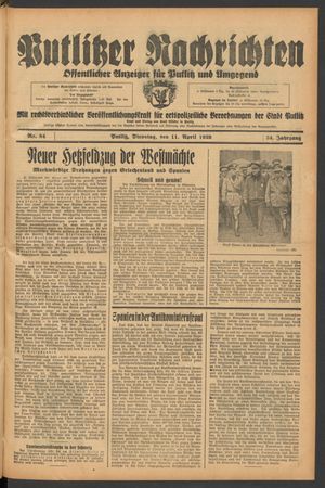 Putlitzer Nachrichten vom 11.04.1939