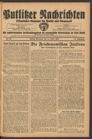Putlitzer Nachrichten vom 12.04.1939