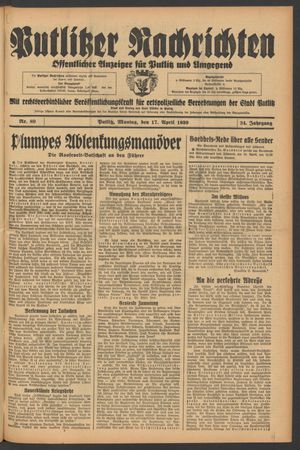 Putlitzer Nachrichten vom 17.04.1939