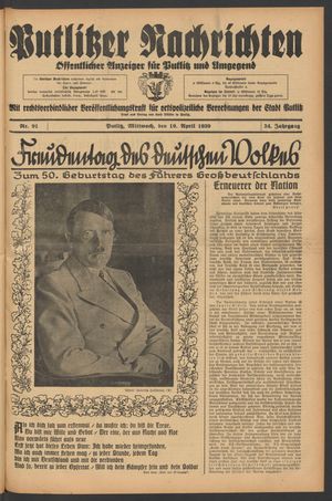 Putlitzer Nachrichten vom 19.04.1939