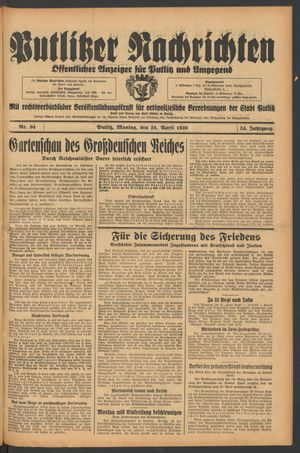 Putlitzer Nachrichten vom 24.04.1939