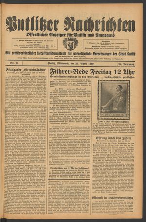 Putlitzer Nachrichten vom 26.04.1939