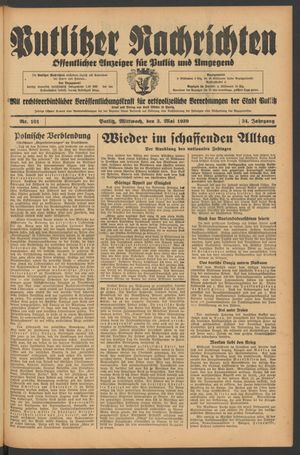Putlitzer Nachrichten vom 03.05.1939