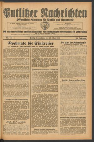Putlitzer Nachrichten vom 27.05.1939