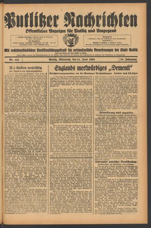 Putlitzer Nachrichten vom 21.06.1939
