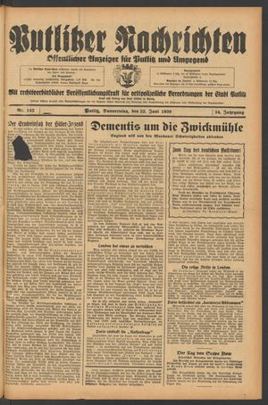 Putlitzer Nachrichten vom 22.06.1939