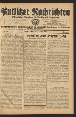 Putlitzer Nachrichten vom 21.07.1939