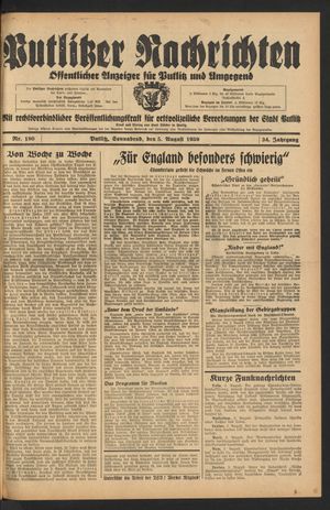 Putlitzer Nachrichten vom 06.08.1939