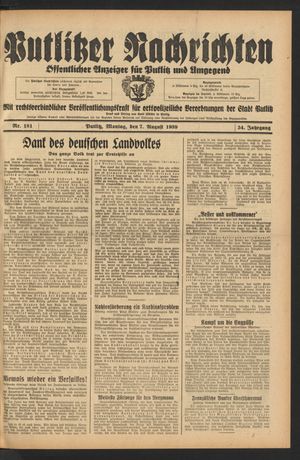 Putlitzer Nachrichten on Aug 7, 1939