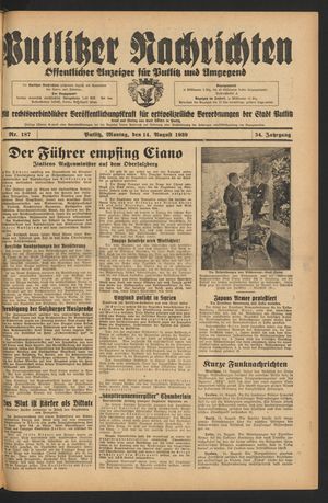 Putlitzer Nachrichten vom 14.08.1939
