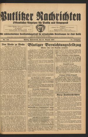 Putlitzer Nachrichten vom 19.08.1939